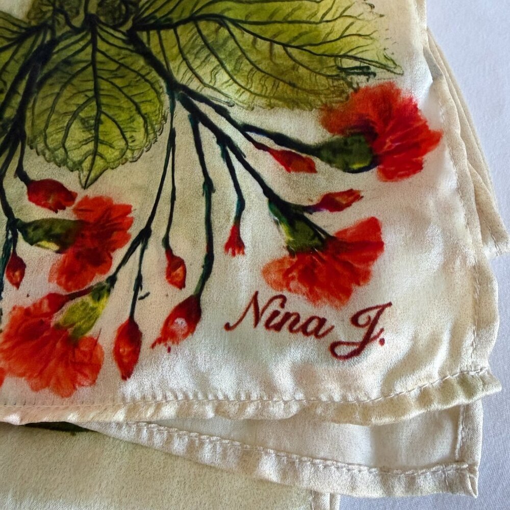 NWT NINA J Design Studios Scarlet Carnations 100% Silk Scarf - Picture 7 of 8
